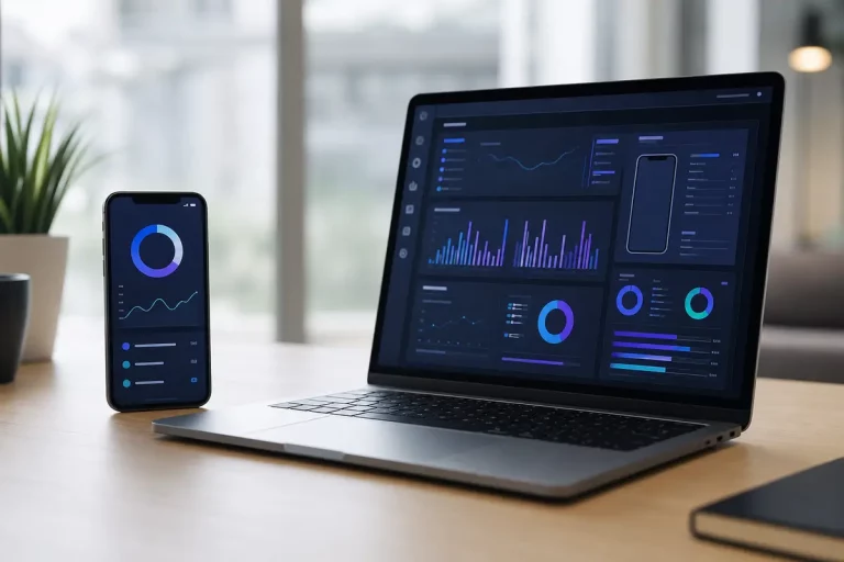 Smartphone e dashboard analitica su laptop in un contesto tecnologico professionale