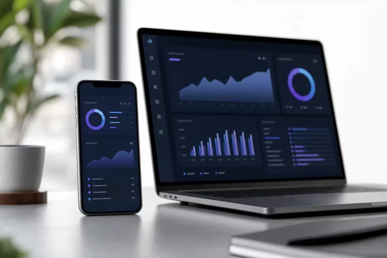 Smartphone e laptop su una scrivania con interfaccia di monitoraggio generica