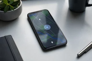 Smartphone moderno con interfaccia di localizzazione su sfondo professionale