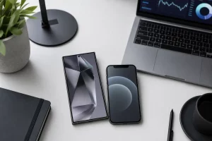 Confronto tra smartphone Android e iPhone su una scrivania con dashboard tecnico