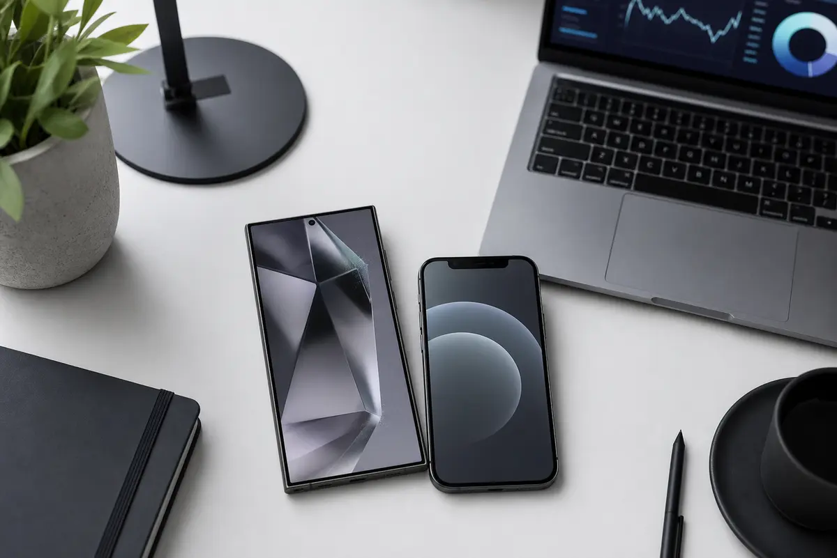 Confronto tra smartphone Android e iPhone su una scrivania con dashboard tecnico