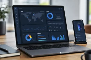 Dashboard web su laptop per il monitoraggio smartphone con grafici e mappa