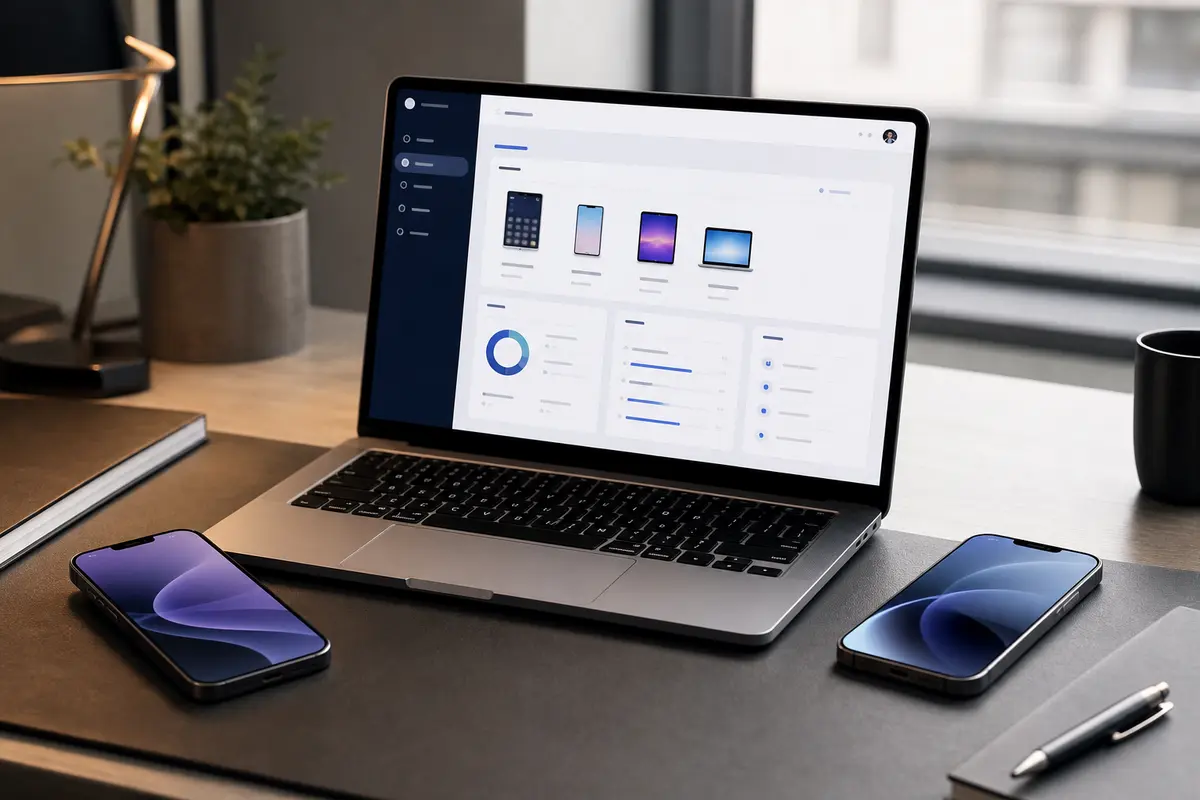 Scrivania con smartphone e laptop in un contesto professionale di gestione software