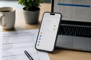 Smartphone moderno accanto a checklist tecnica e laptop per verificare la compatibilità